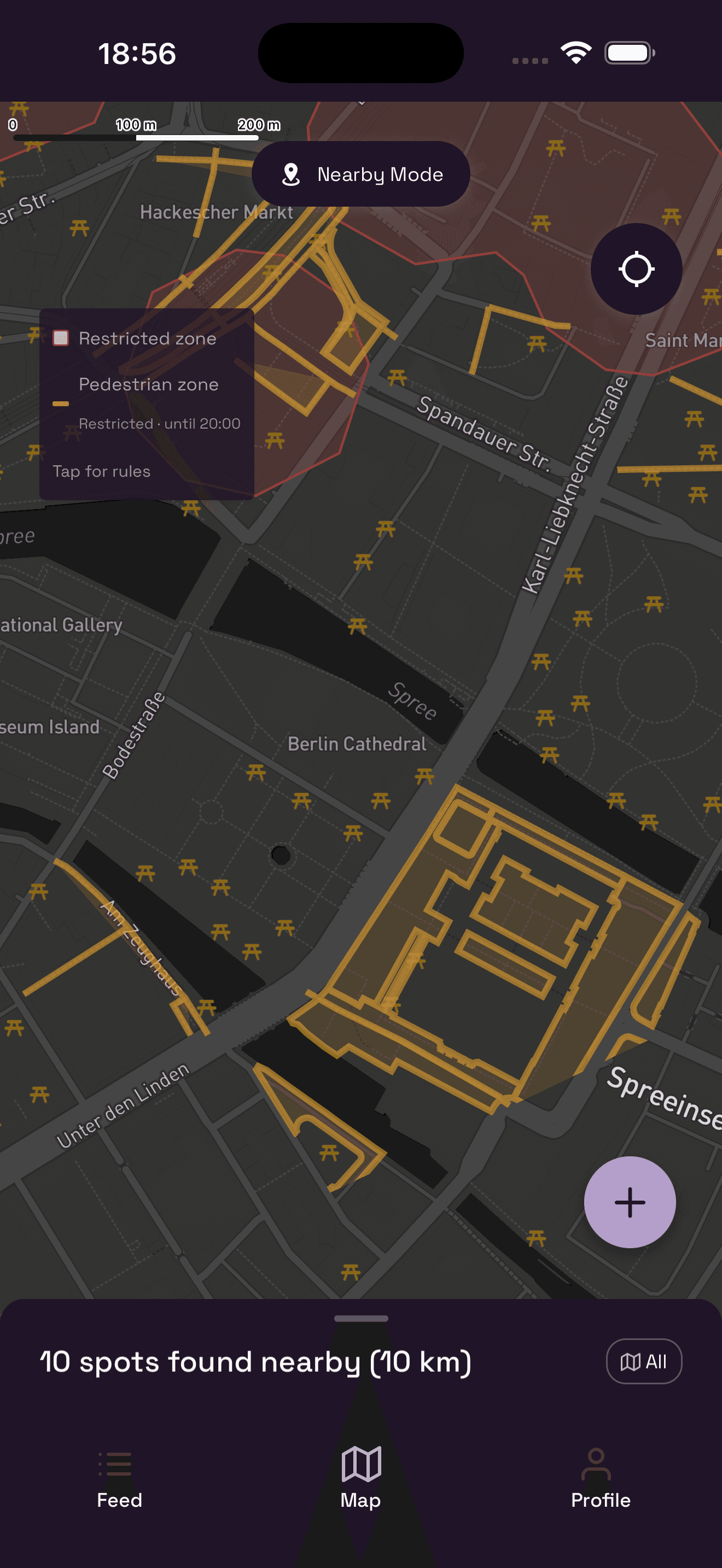 Map view showing restricted and pedestrian zone overlays in Germany