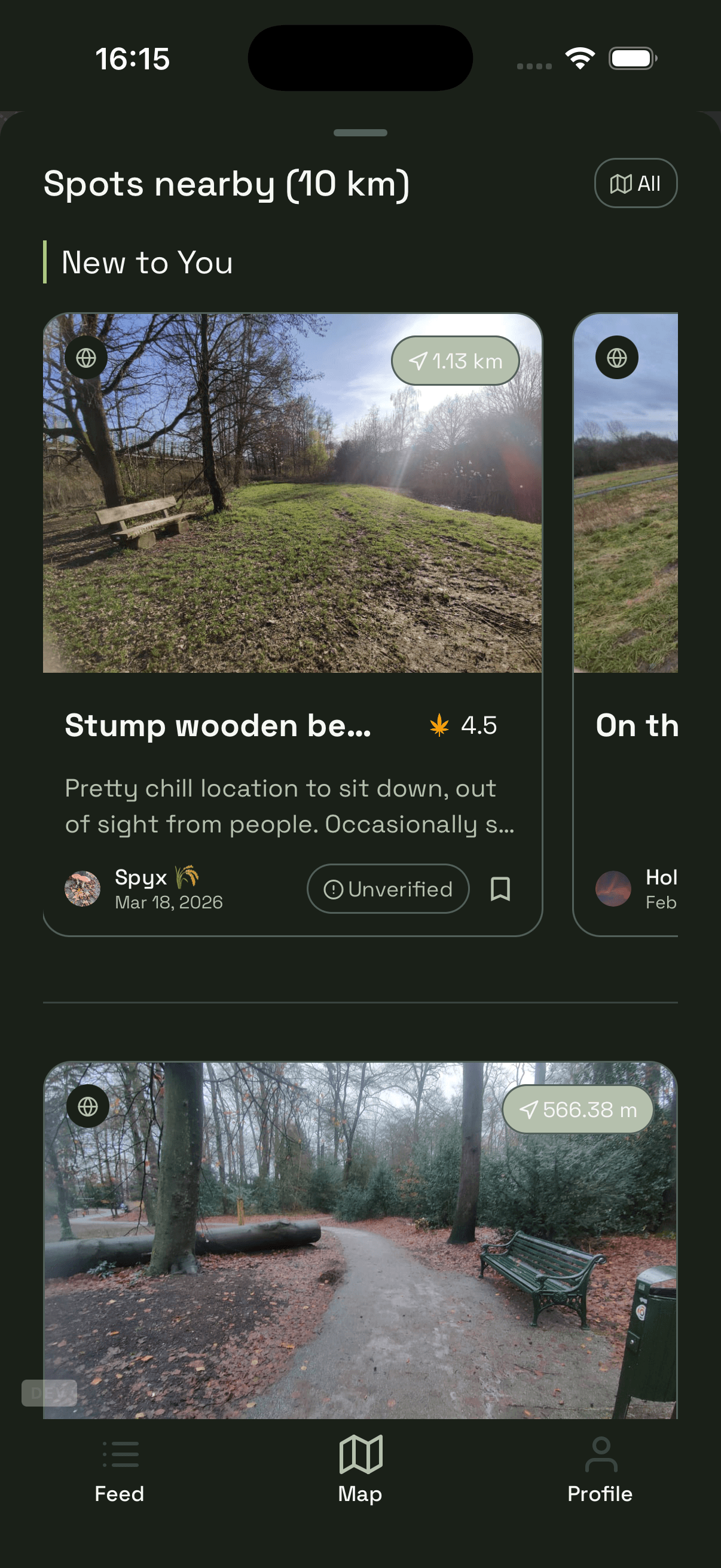 Spots nearby feed in the Wietly app