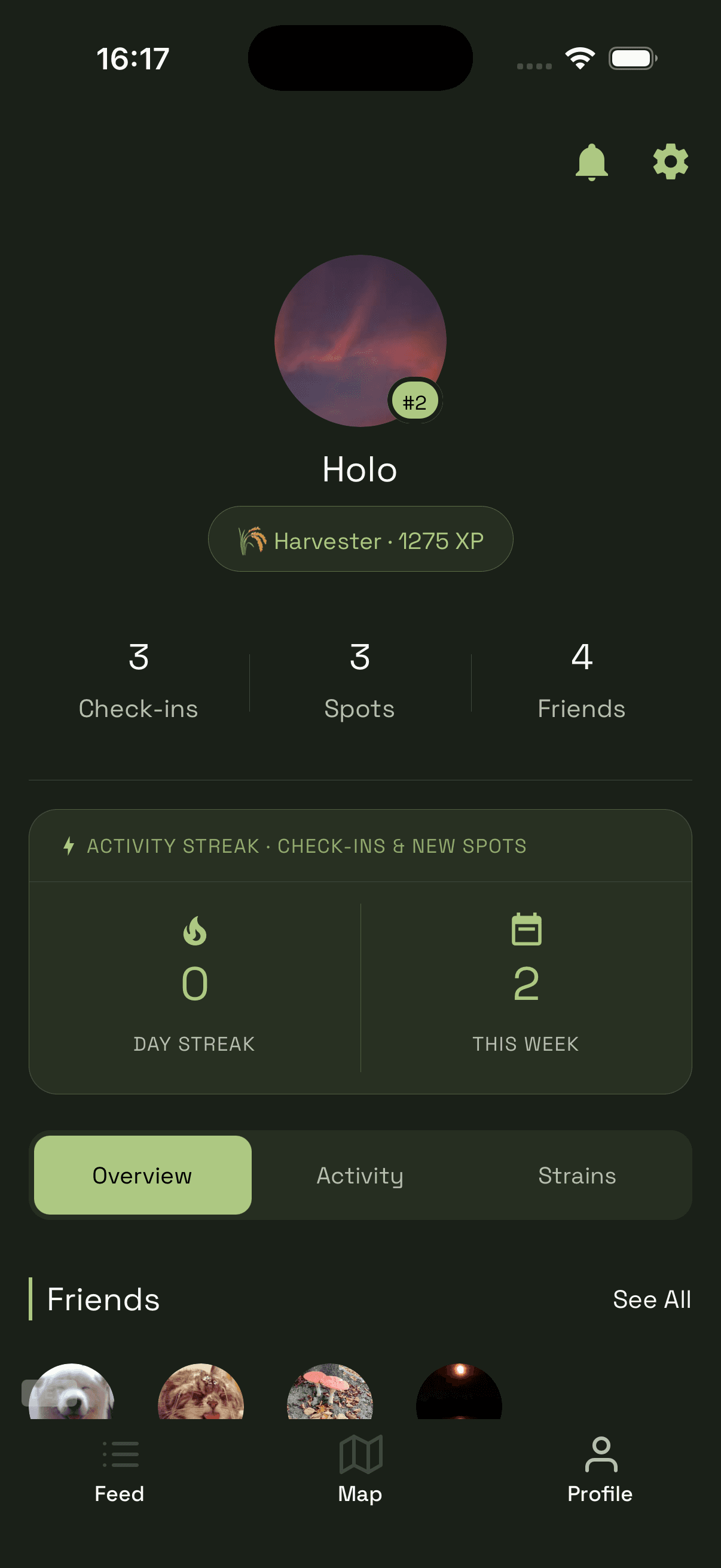 User profile with check-ins and spots