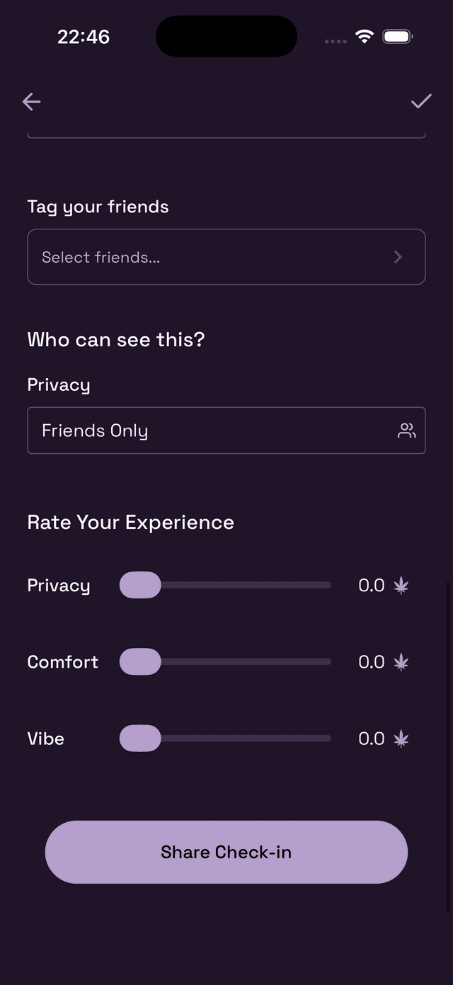 Check-in form β privacy and share