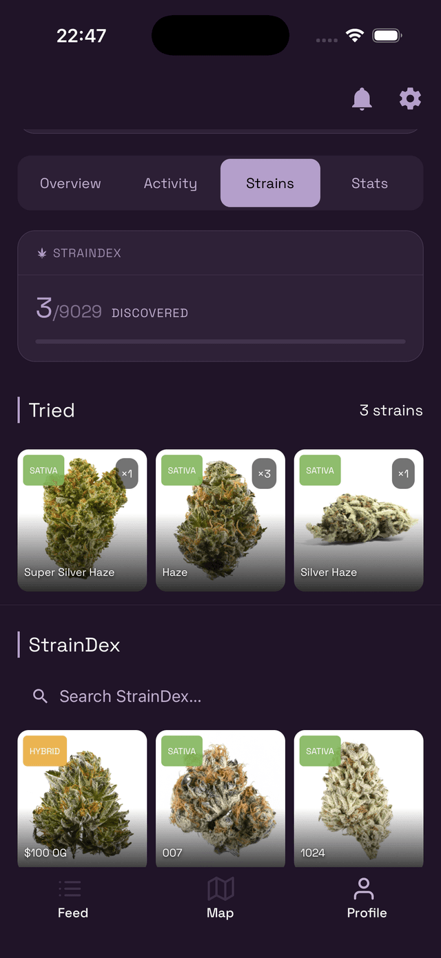 StrainDex on the Profile screen