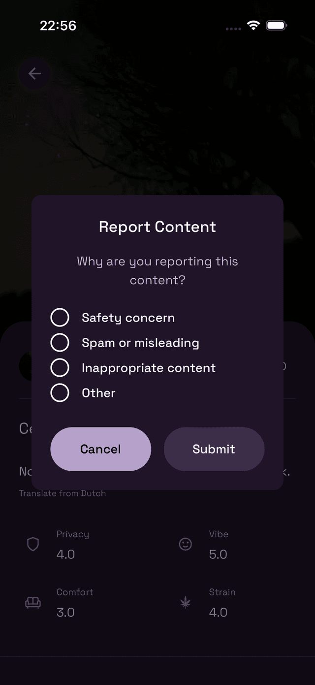 Report Content dialog with reason options